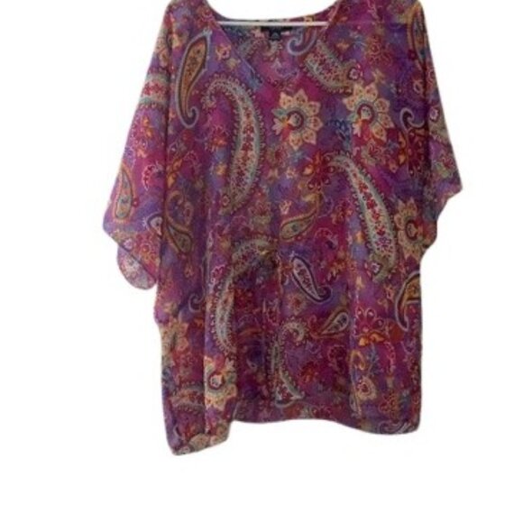 CHAPS Womens Tie Front Tunic Purple Paisley Floral Lurex Sheer Chiffon Plus 2X - Picture 1 of 3